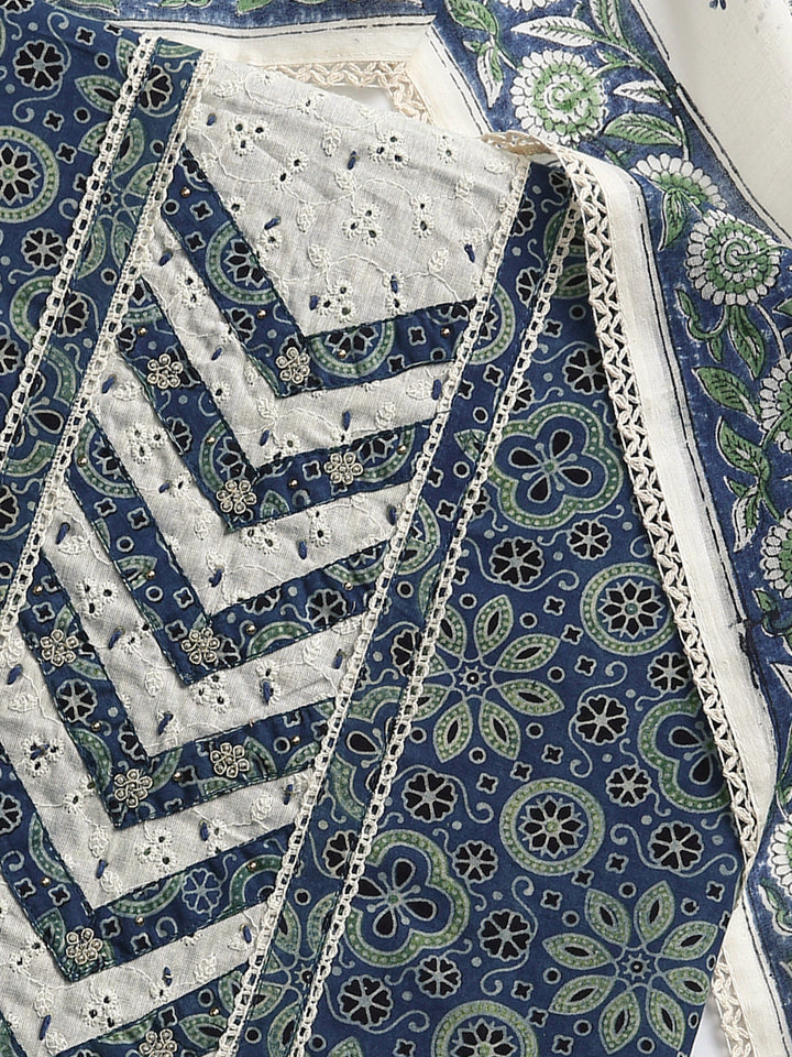 Blue Floral Printed Dress Material With Dupatta