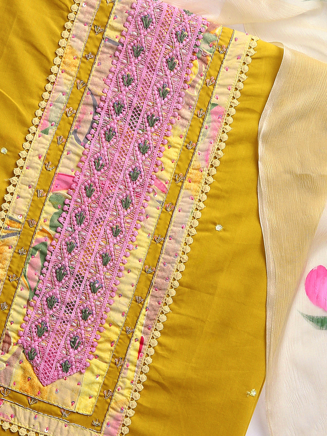 Yellow Floral Printed Dress Material With Dupatta