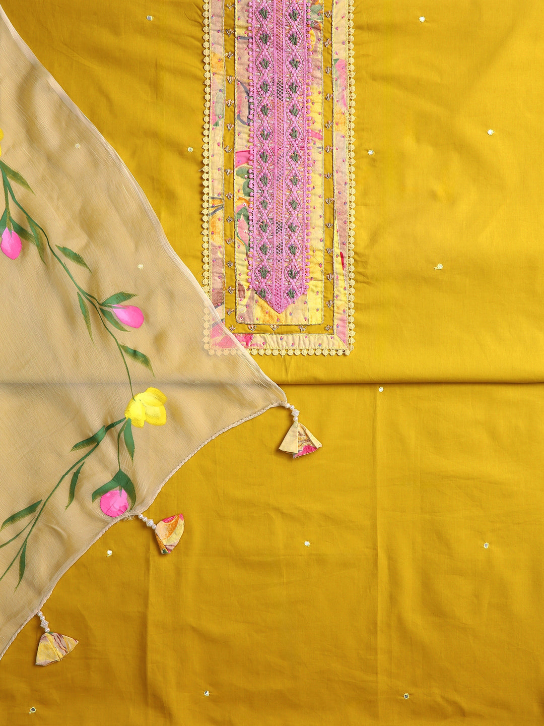 Yellow Floral Printed Dress Material With Dupatta