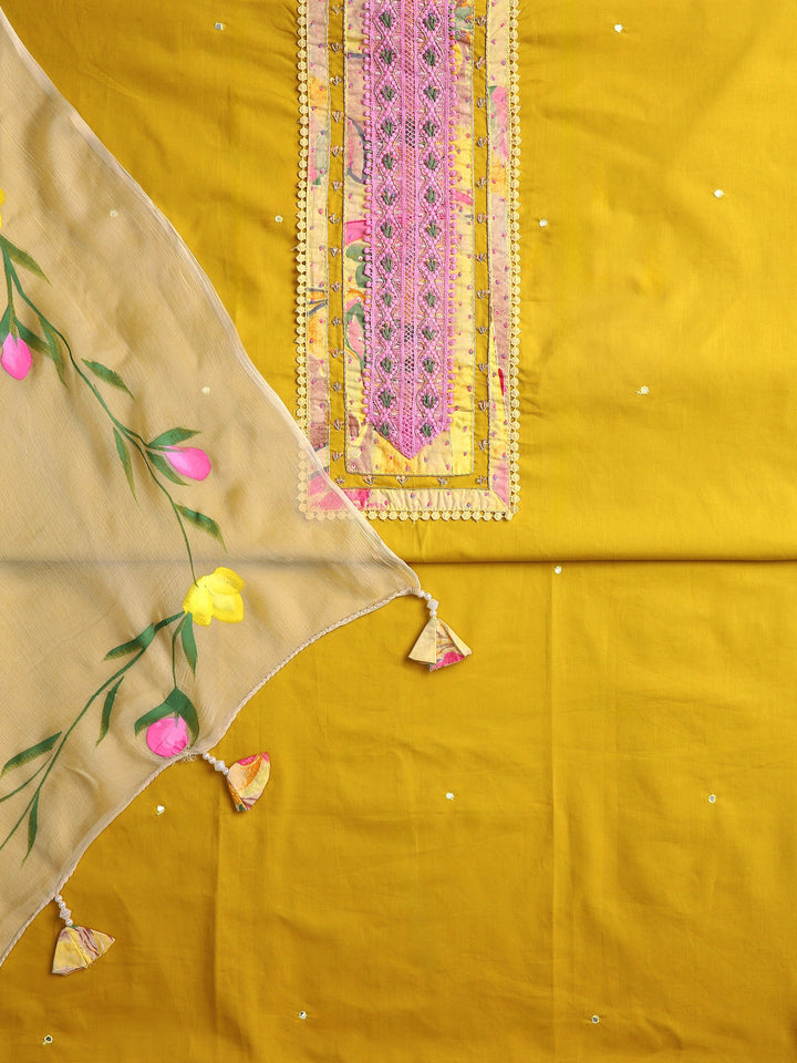Yellow Floral Printed Dress Material With Dupatta