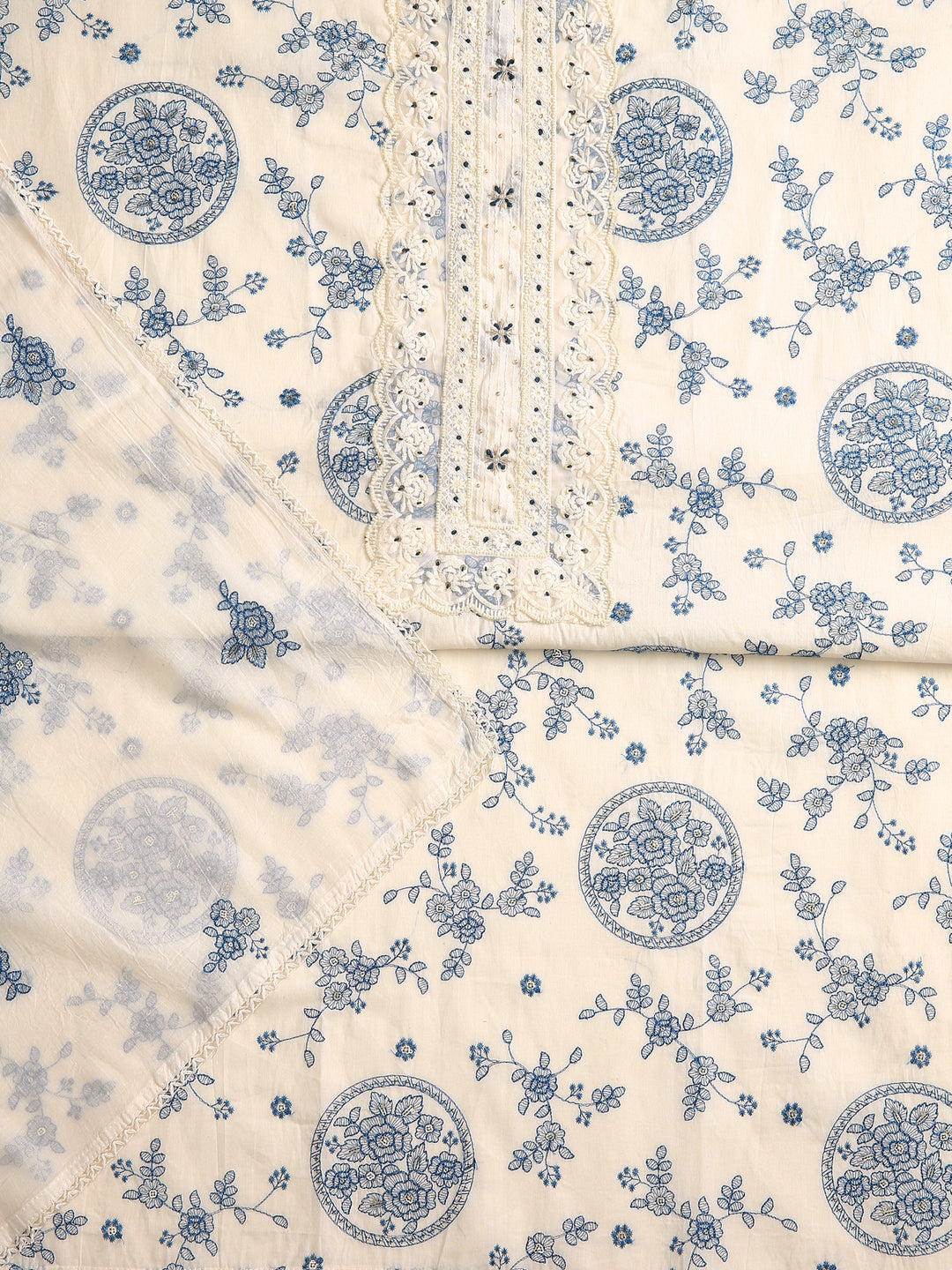 Off White Floral Printed Dress Material With Dupatta