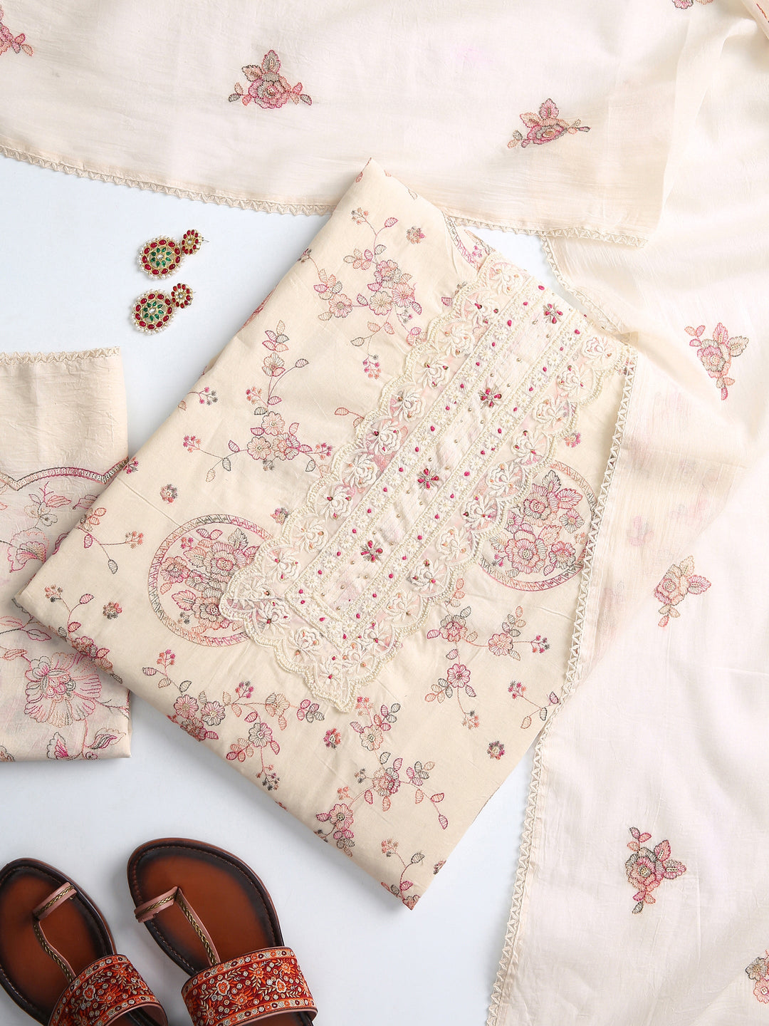 Off White Floral Printed Dress Material With Dupatta