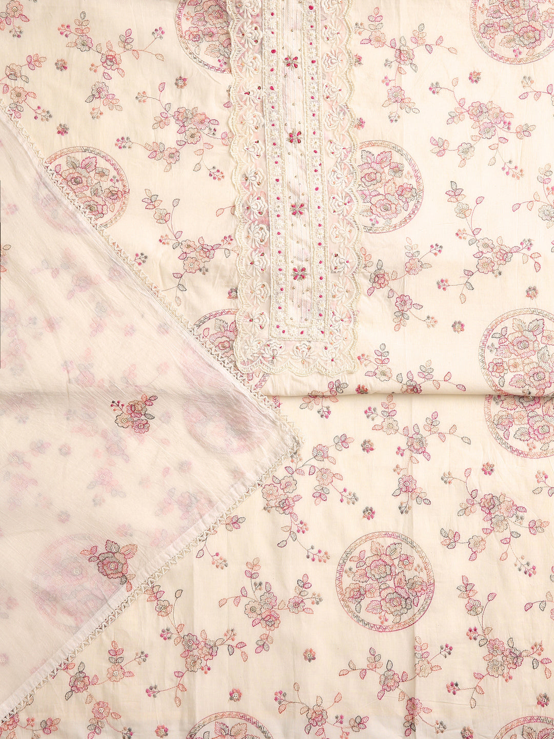 Off White Floral Printed Dress Material With Dupatta