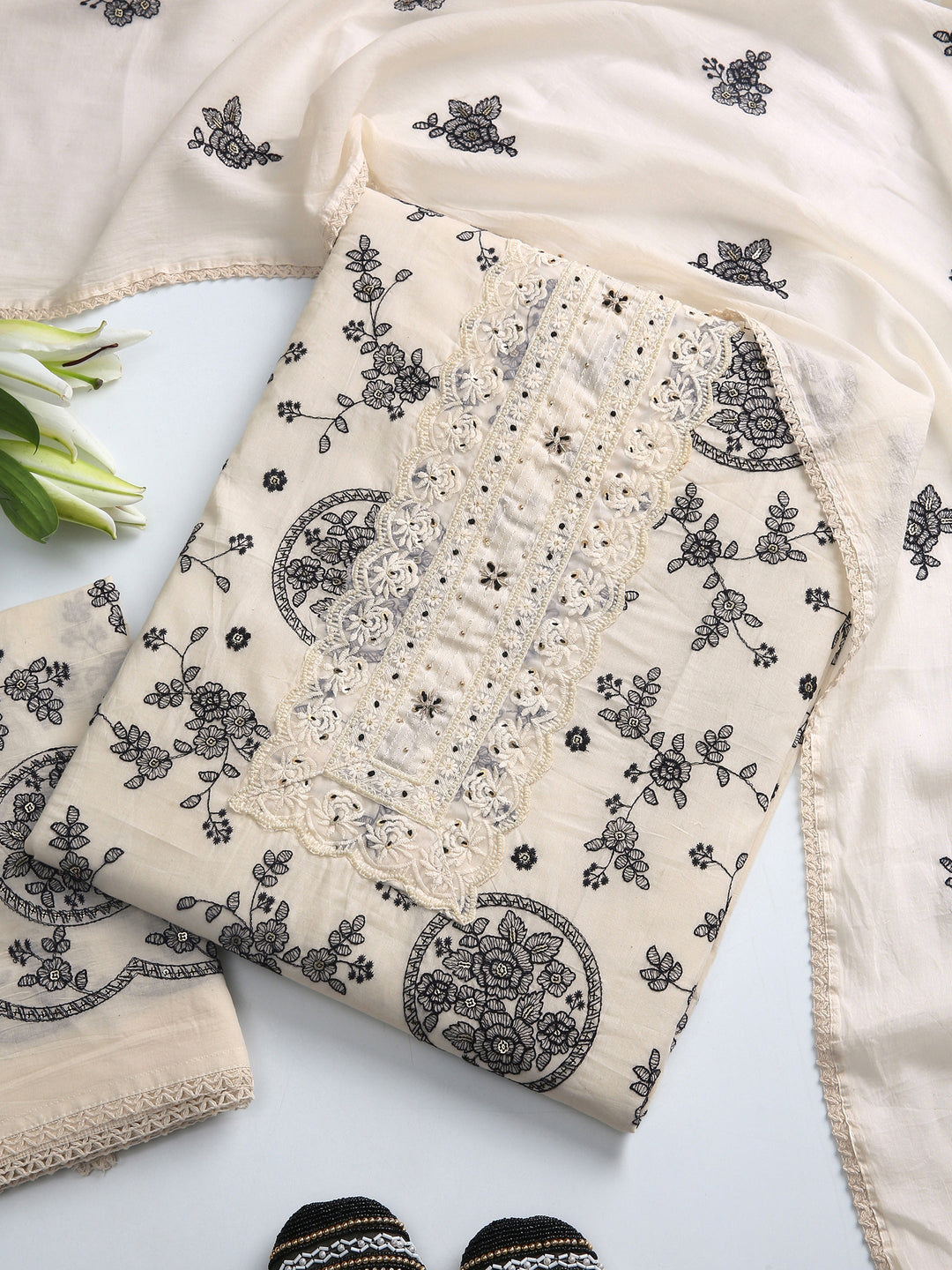 Off White Floral Printed Dress Material With Dupatta