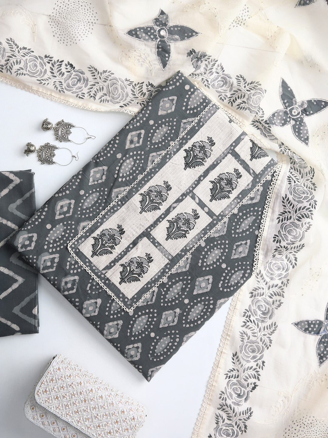 Grey Geometric Printed Dress Material With Dupatta