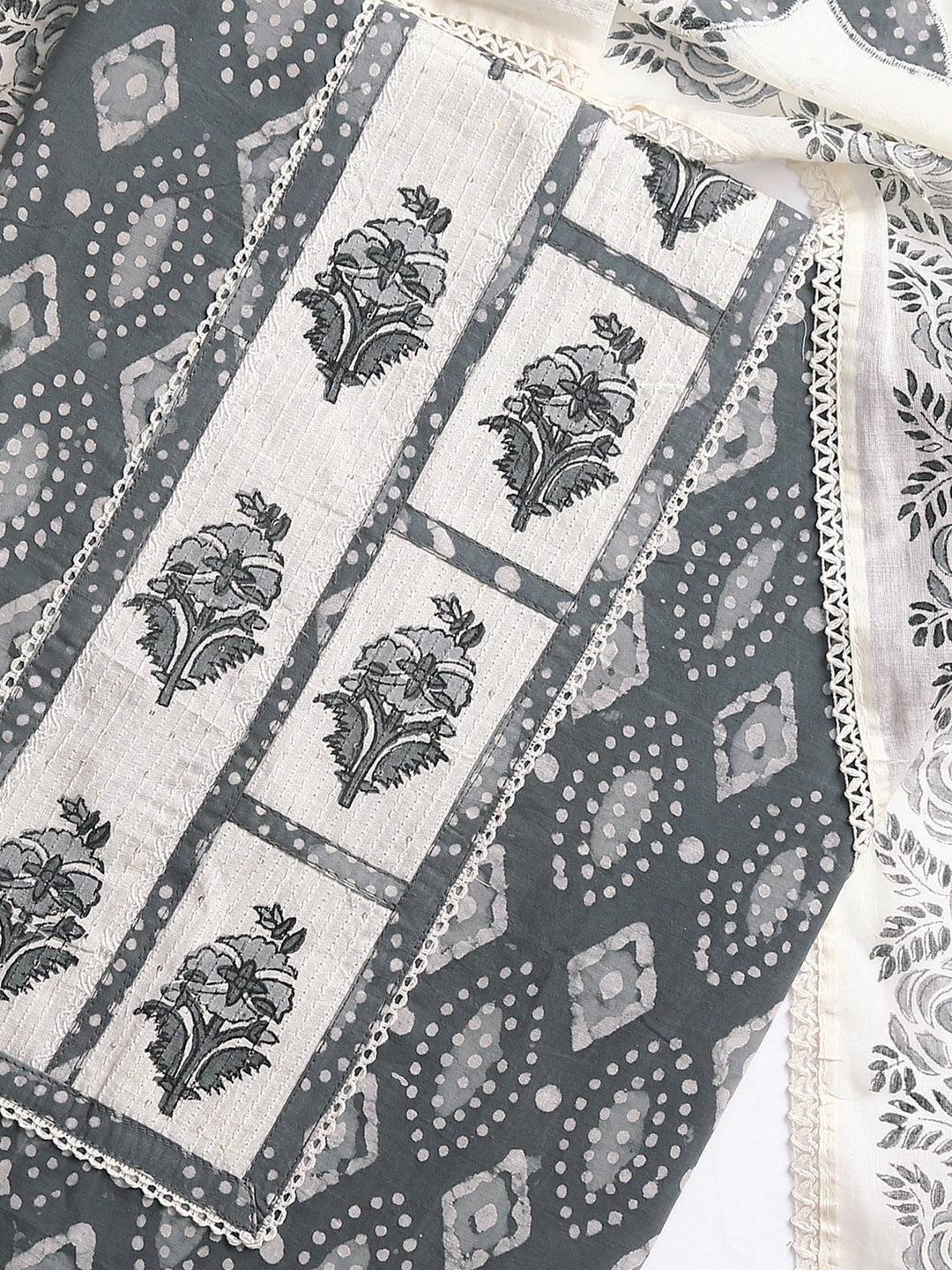 Grey Geometric Printed Dress Material With Dupatta