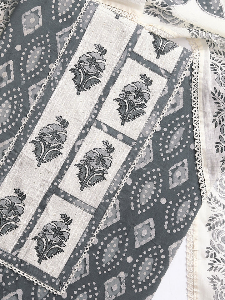 Grey Geometric Printed Dress Material With Dupatta
