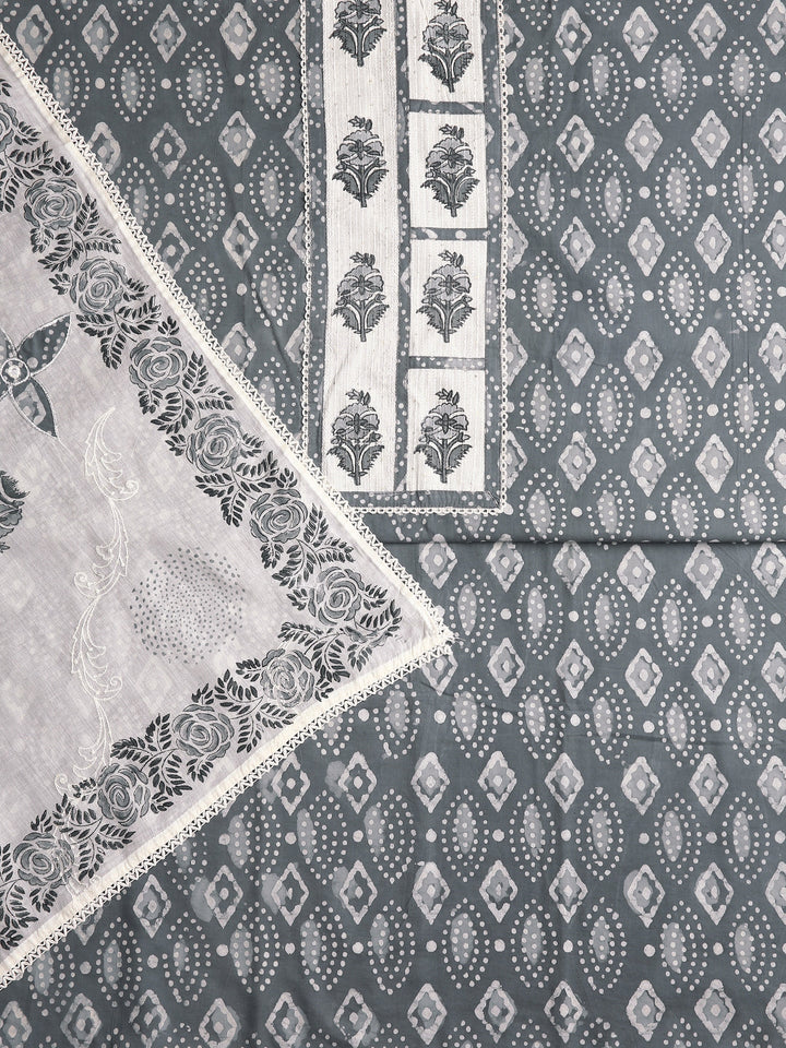 Grey Geometric Printed Dress Material With Dupatta