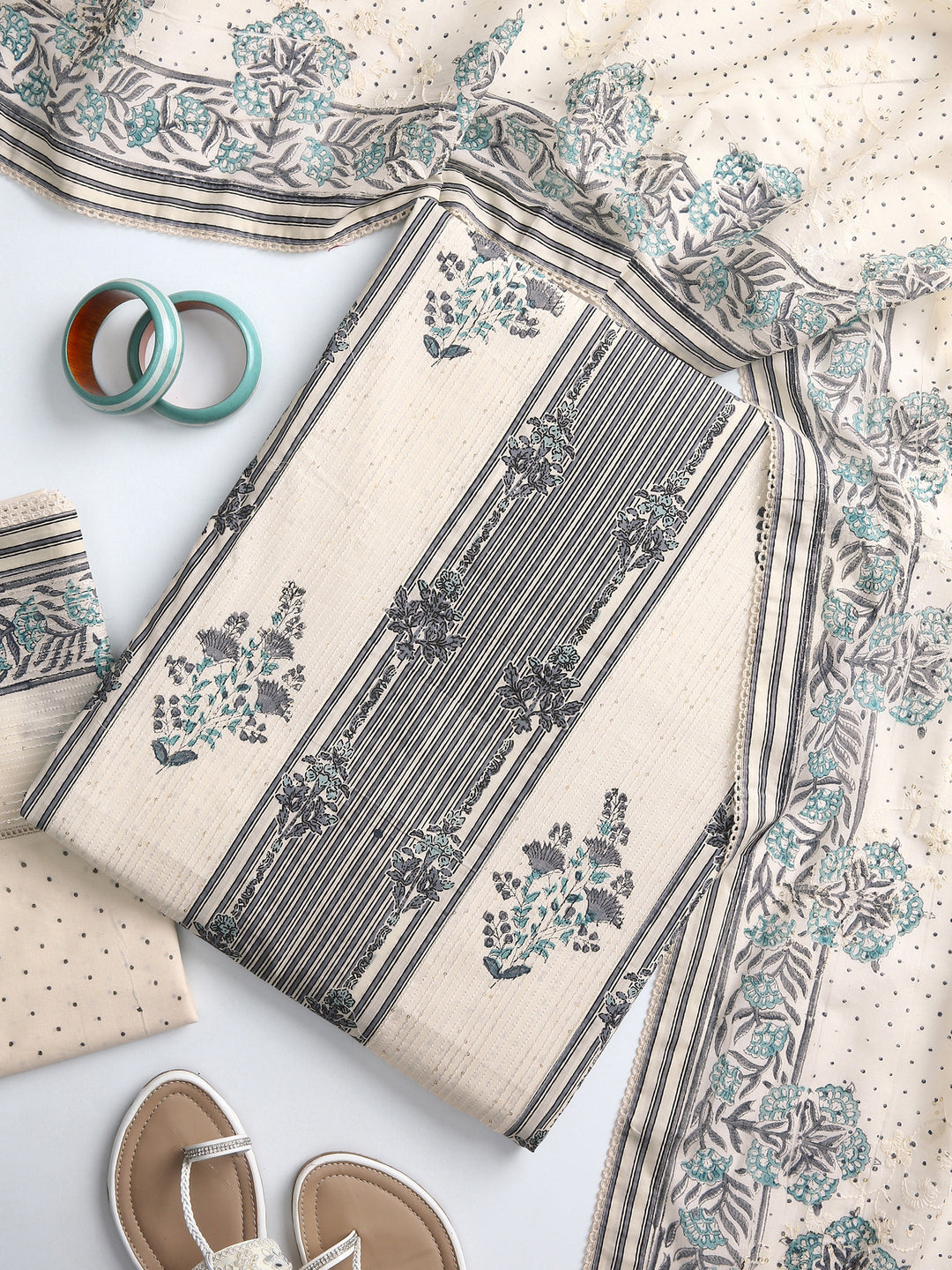 Off White Floral Printed Dress Material With Dupatta