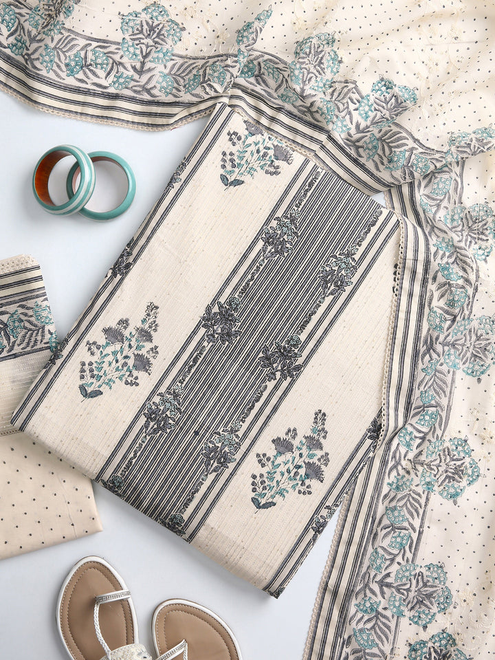 Off White Floral Printed Dress Material With Dupatta