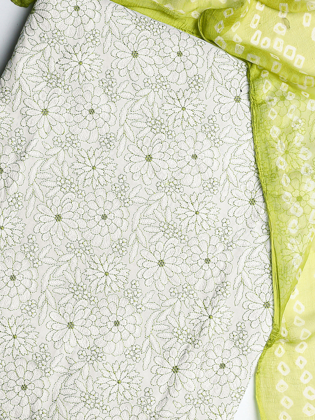 White Floral Printed Cotton Dress Material With Dupatta