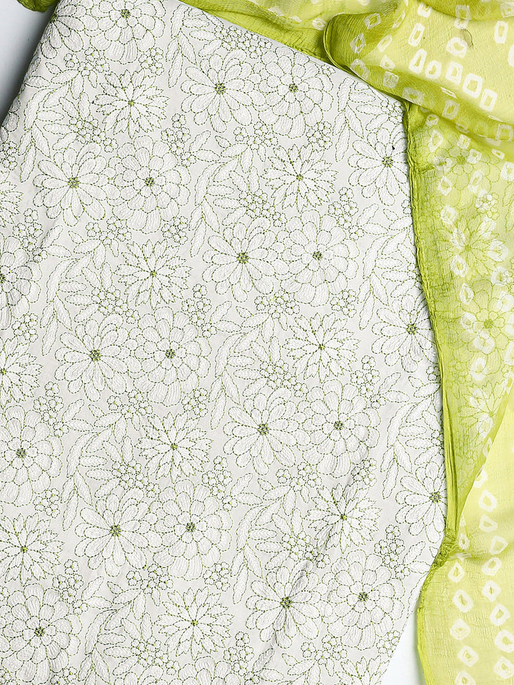 White Floral Printed Cotton Dress Material With Dupatta