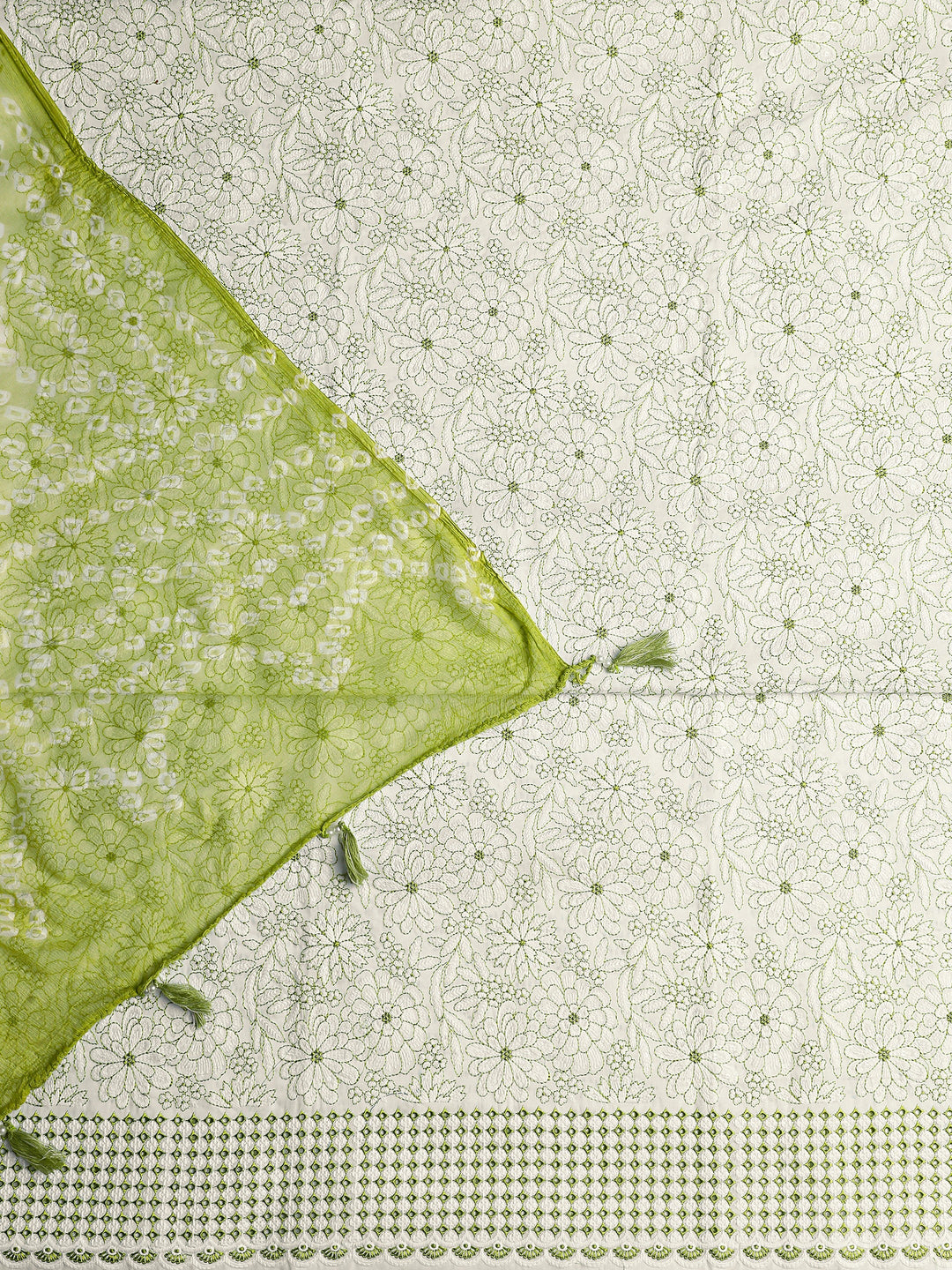 White Floral Printed Cotton Dress Material With Dupatta