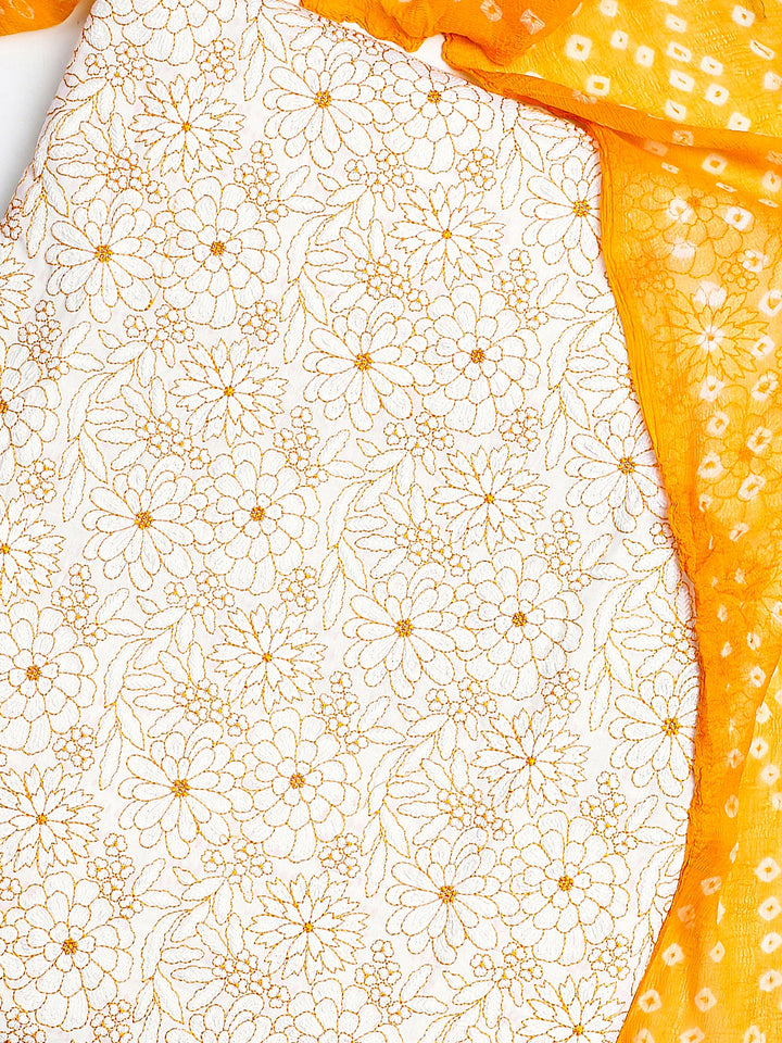 White Floral Printed Cotton Dress Material With Dupatta