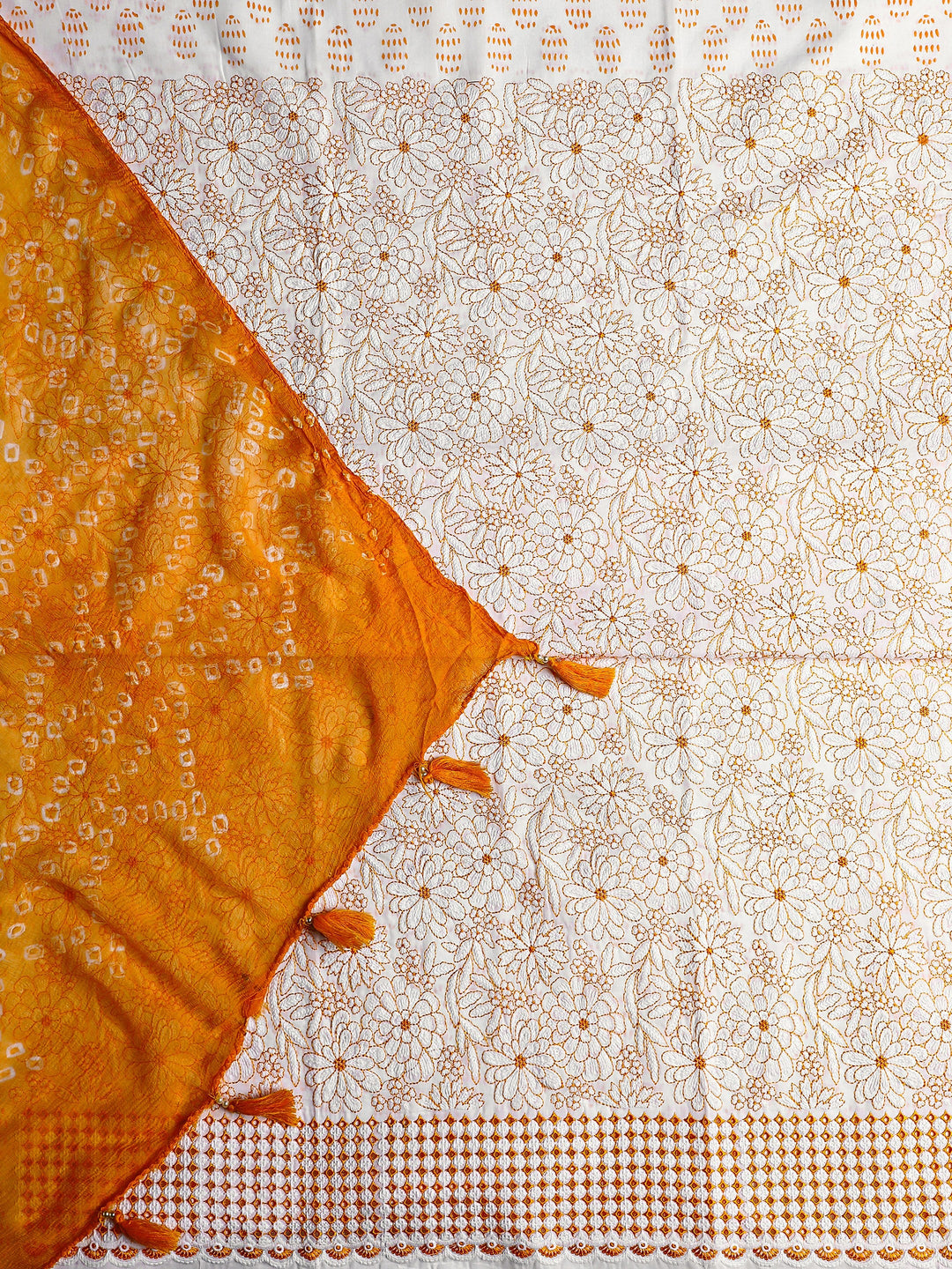 White Floral Printed Cotton Dress Material With Dupatta