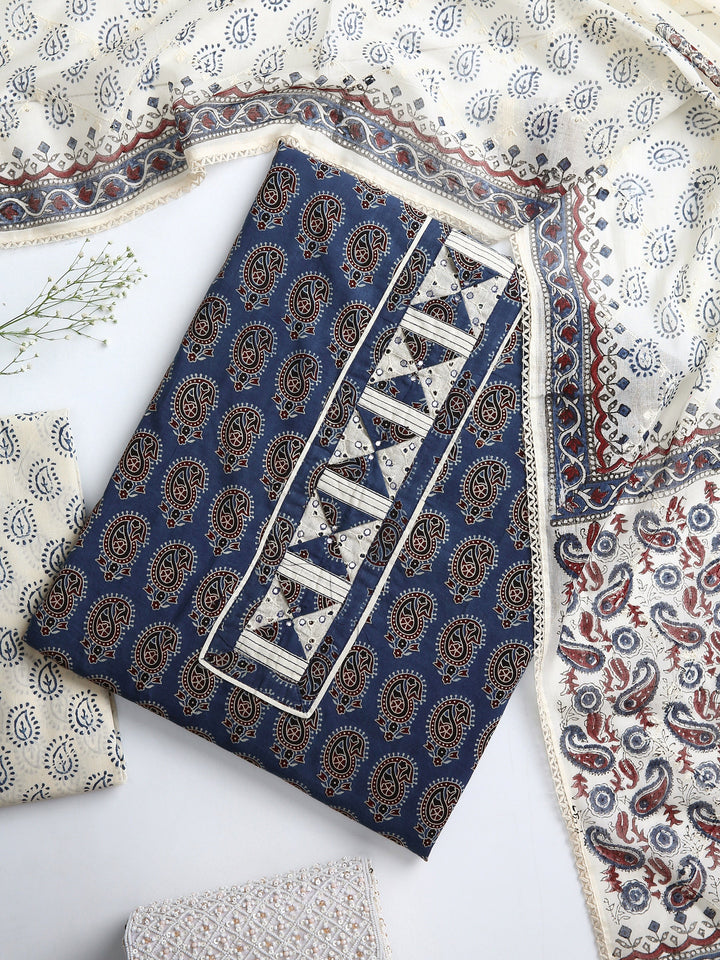 Navy Blue Paisley Printed Dress Material With Dupatta