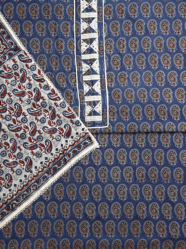 Navy Blue Paisley Printed Dress Material With Dupatta