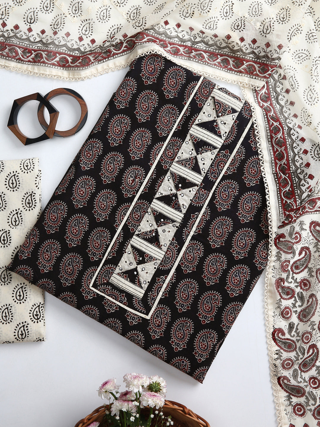 Black Ethnic Motifs Printed Dress Material With Dupatta