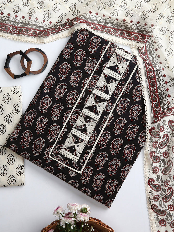 Black Ethnic Motifs Printed Dress Material With Dupatta