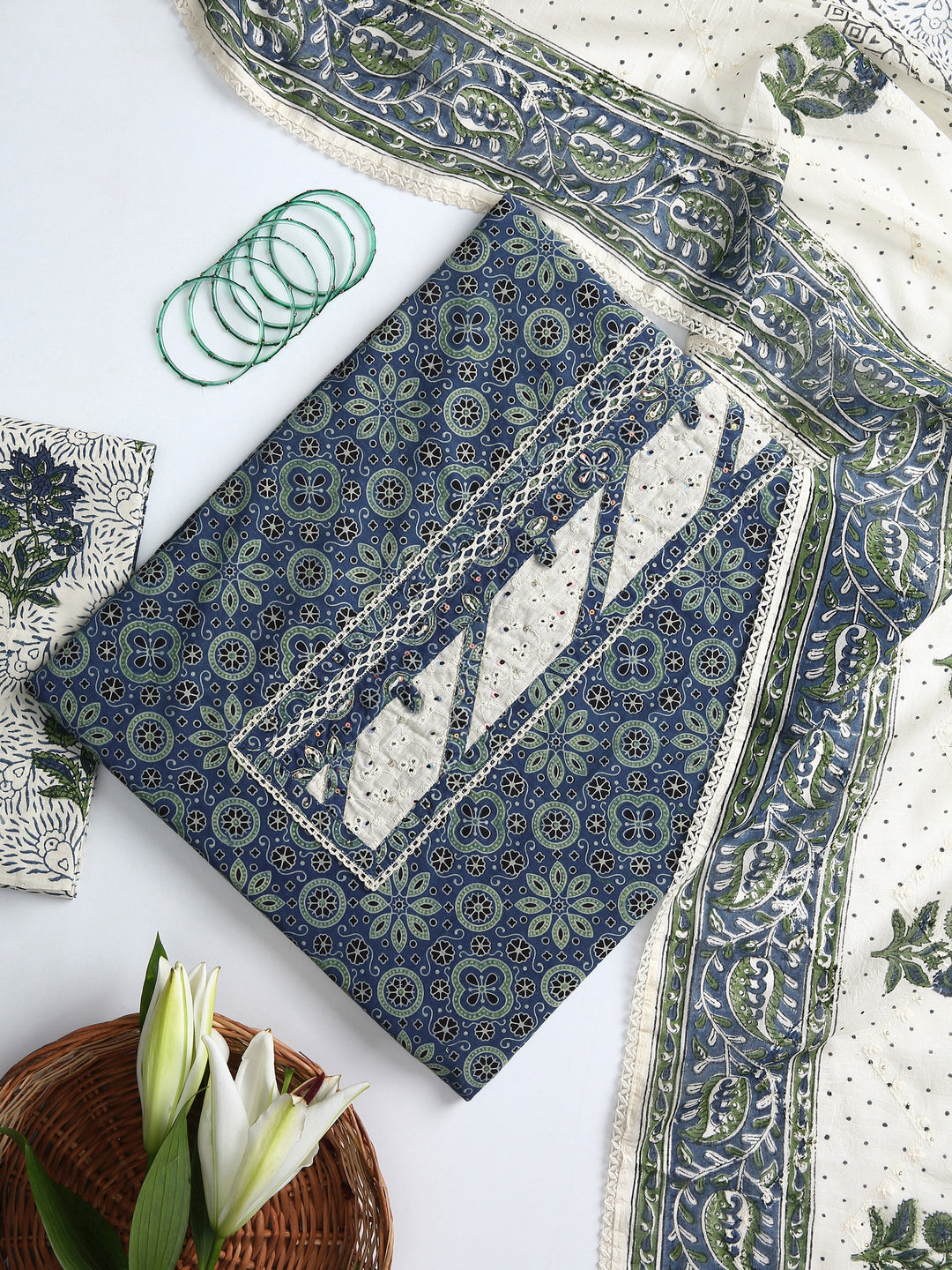 Blue Floral Printed Dress Material With Dupatta