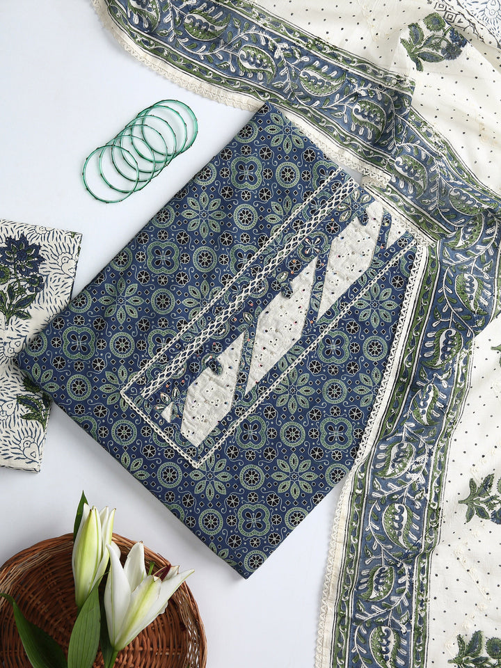 Blue Floral Printed Dress Material With Dupatta