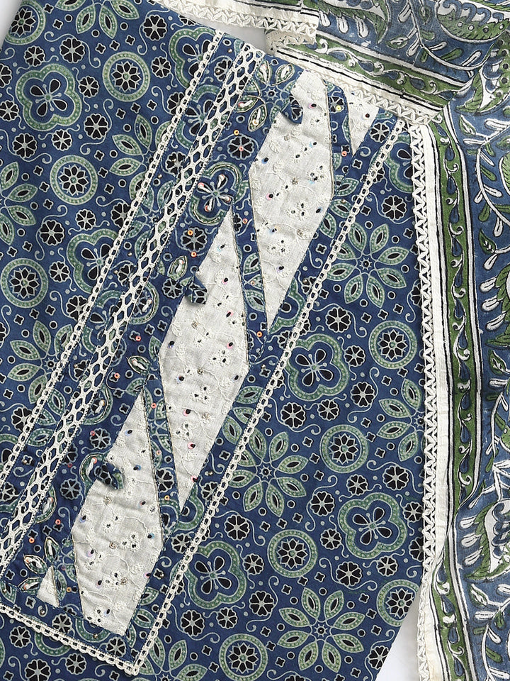 Blue Floral Printed Dress Material With Dupatta