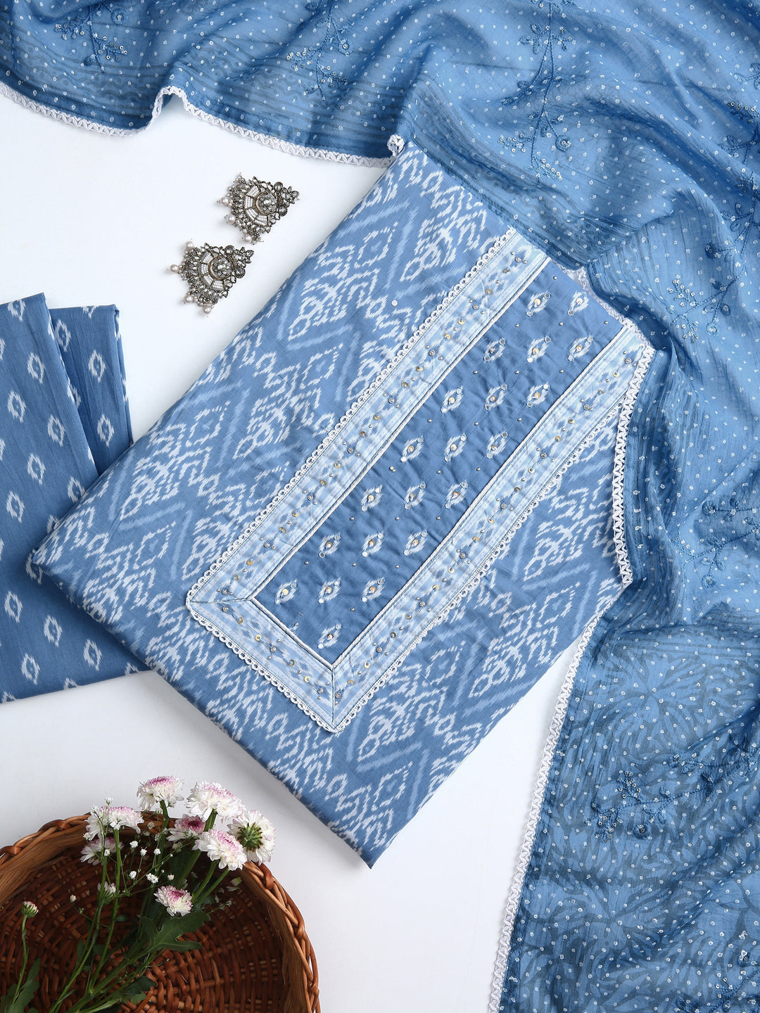 Blue Ethnic Motif Printed Dress Material With Dupatta