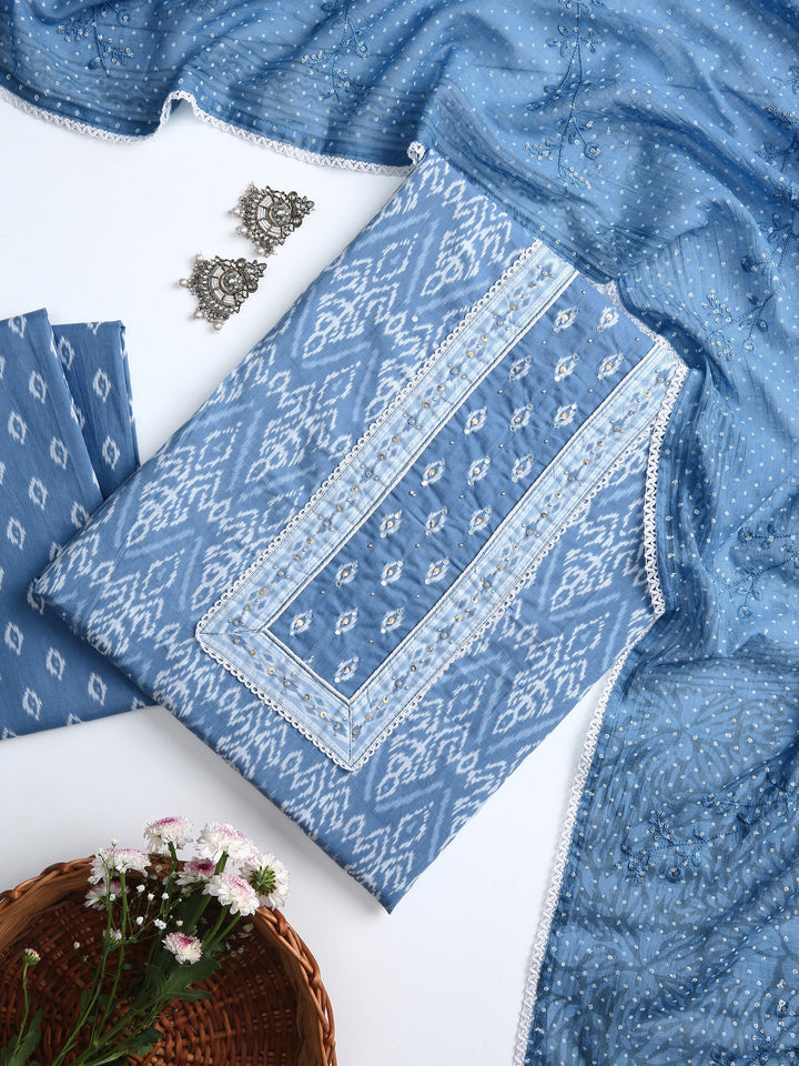 Blue Ethnic Motif Printed Dress Material With Dupatta