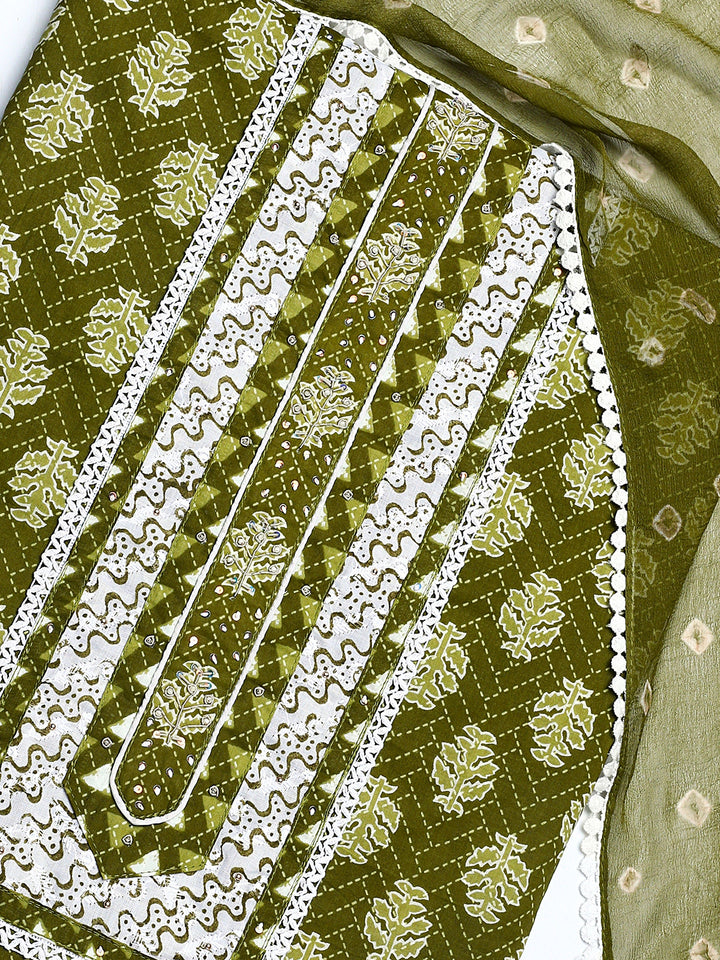 Green Floral Printed Cotton Dress Material With Dupatta