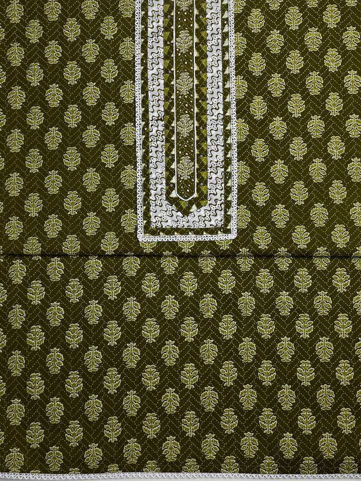 Green Floral Printed Cotton Dress Material With Dupatta