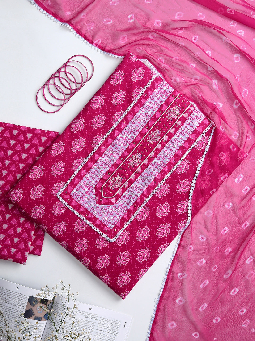 Pink Floral Printed Dress Material With Dupatta