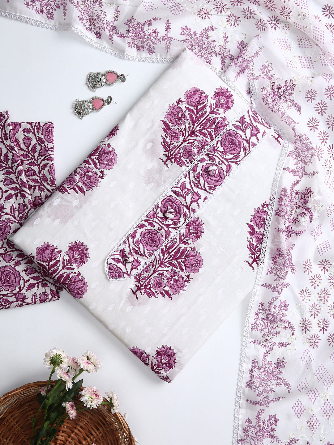Off White Floral Printed Dress Material With Dupatta