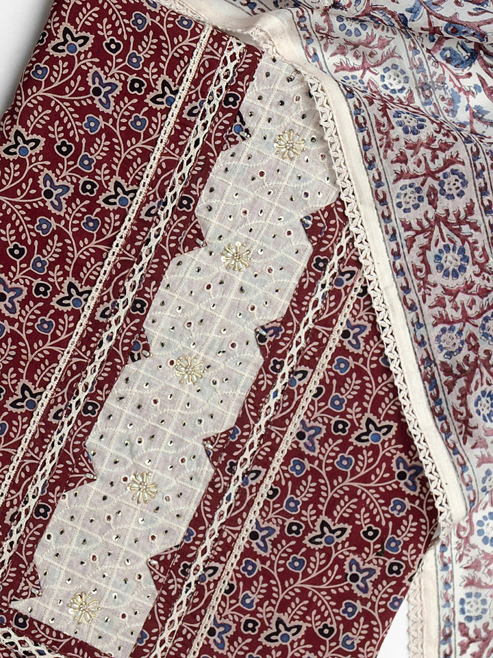 Red Floral Printed Cotton Dress Material With Dupatta