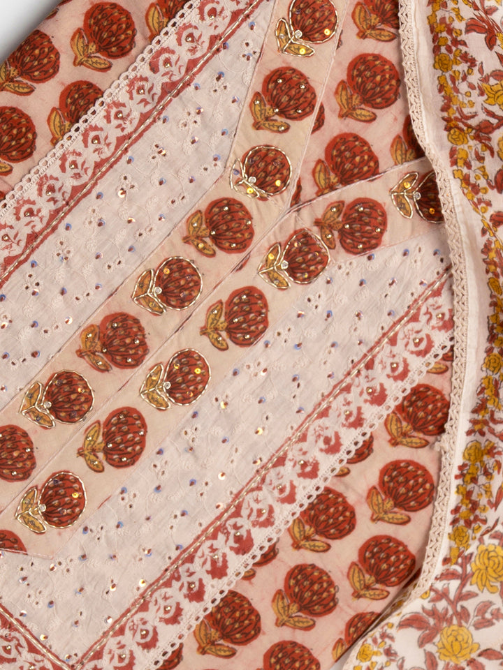 Peach Floral Printed Cotton Dress Material With Dupatta