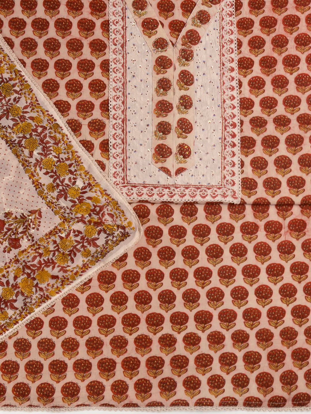 Peach Floral Printed Cotton Dress Material With Dupatta