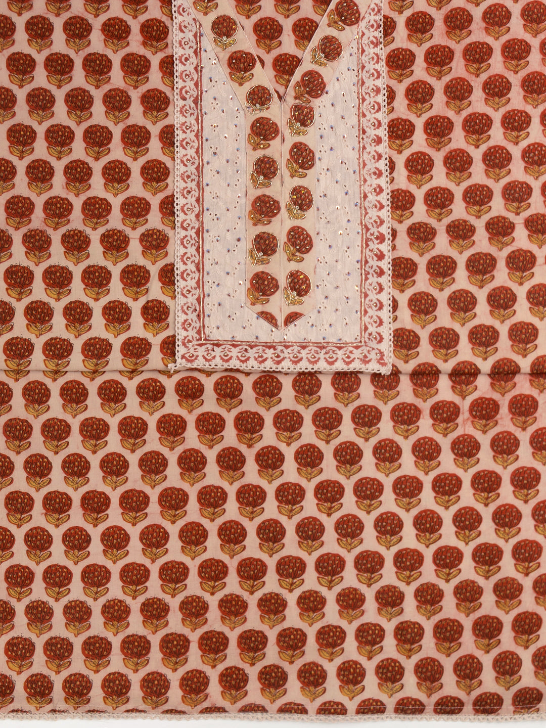 Peach Floral Printed Cotton Dress Material With Dupatta