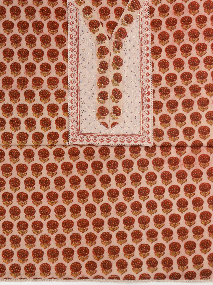 Peach Floral Printed Cotton Dress Material With Dupatta