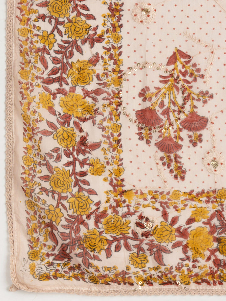 Peach Floral Printed Cotton Dress Material With Dupatta