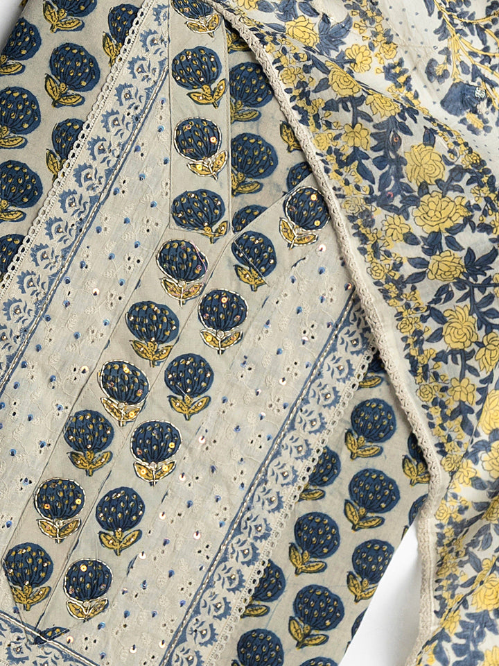 Off White Floral Printed Cotton Dress Material With Dupatta