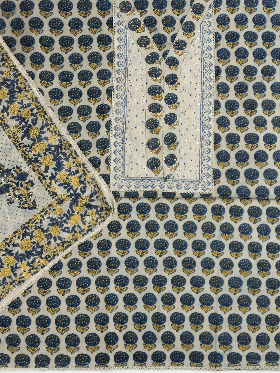 Off White Floral Printed Cotton Dress Material With Dupatta