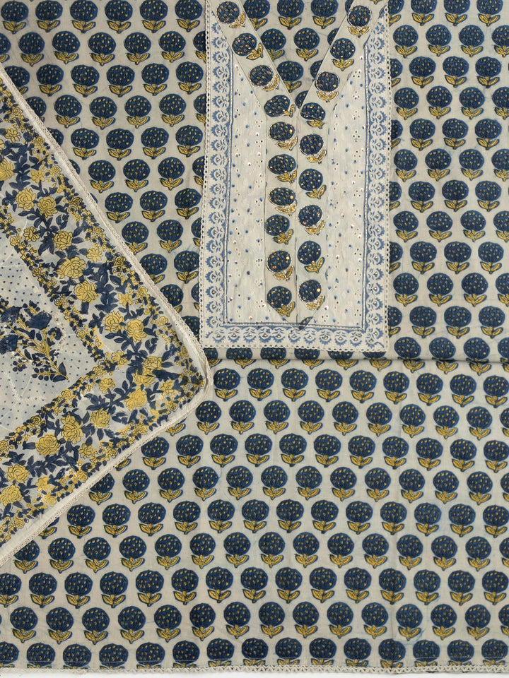 Off White Floral Printed Cotton Dress Material With Dupatta