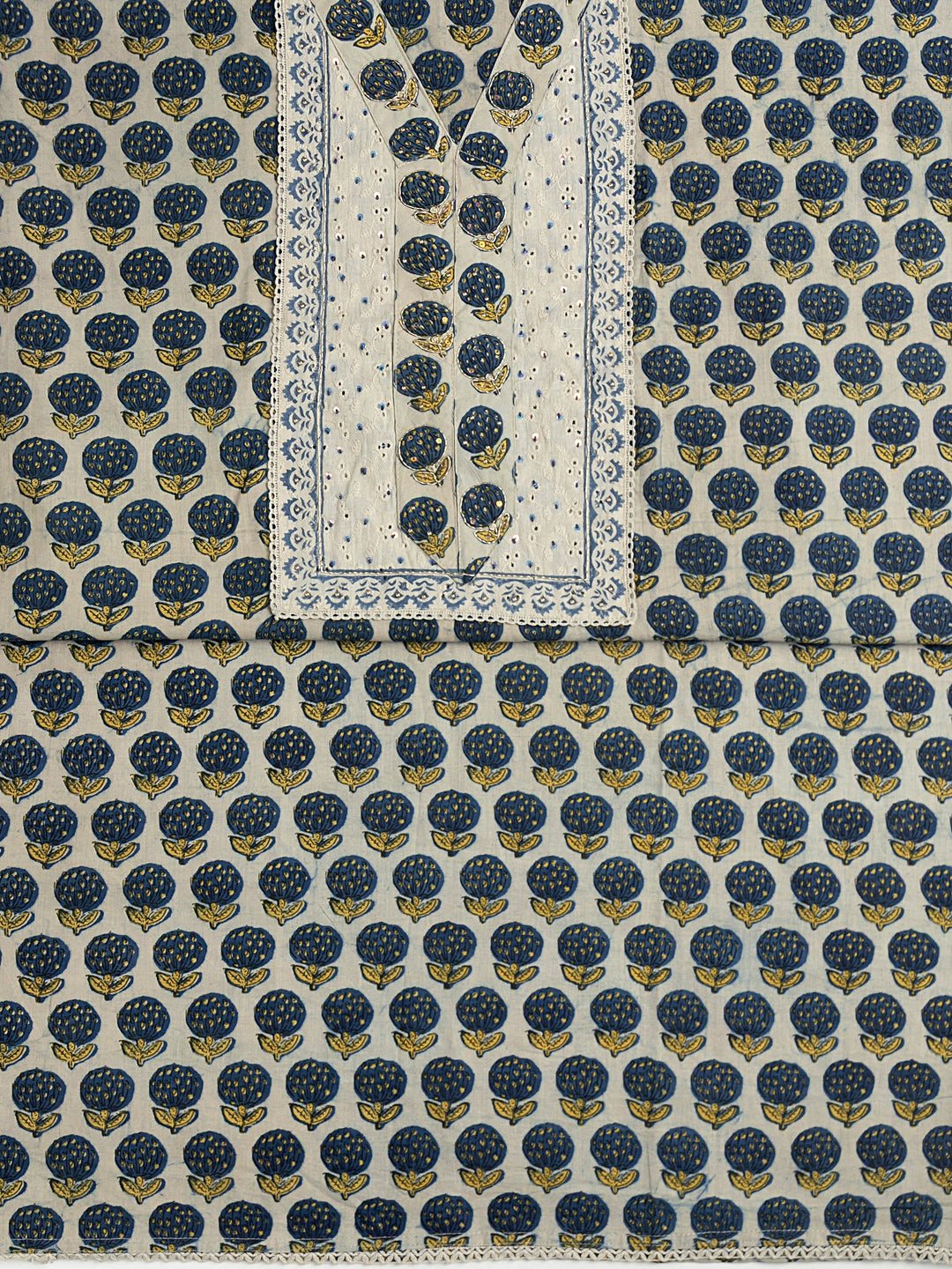 Off White Floral Printed Cotton Dress Material With Dupatta