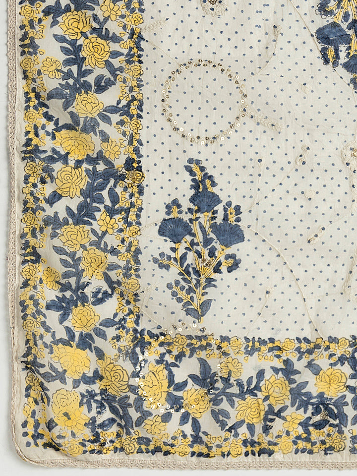 Off White Floral Printed Cotton Dress Material With Dupatta