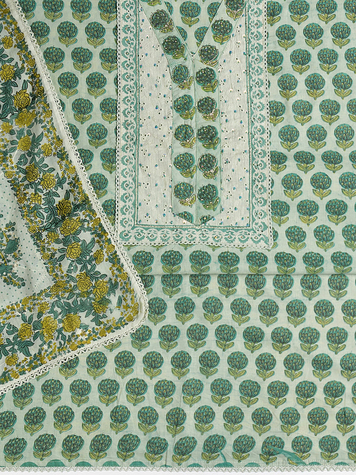 Green Floral Printed Cotton Dress Material With Dupatta