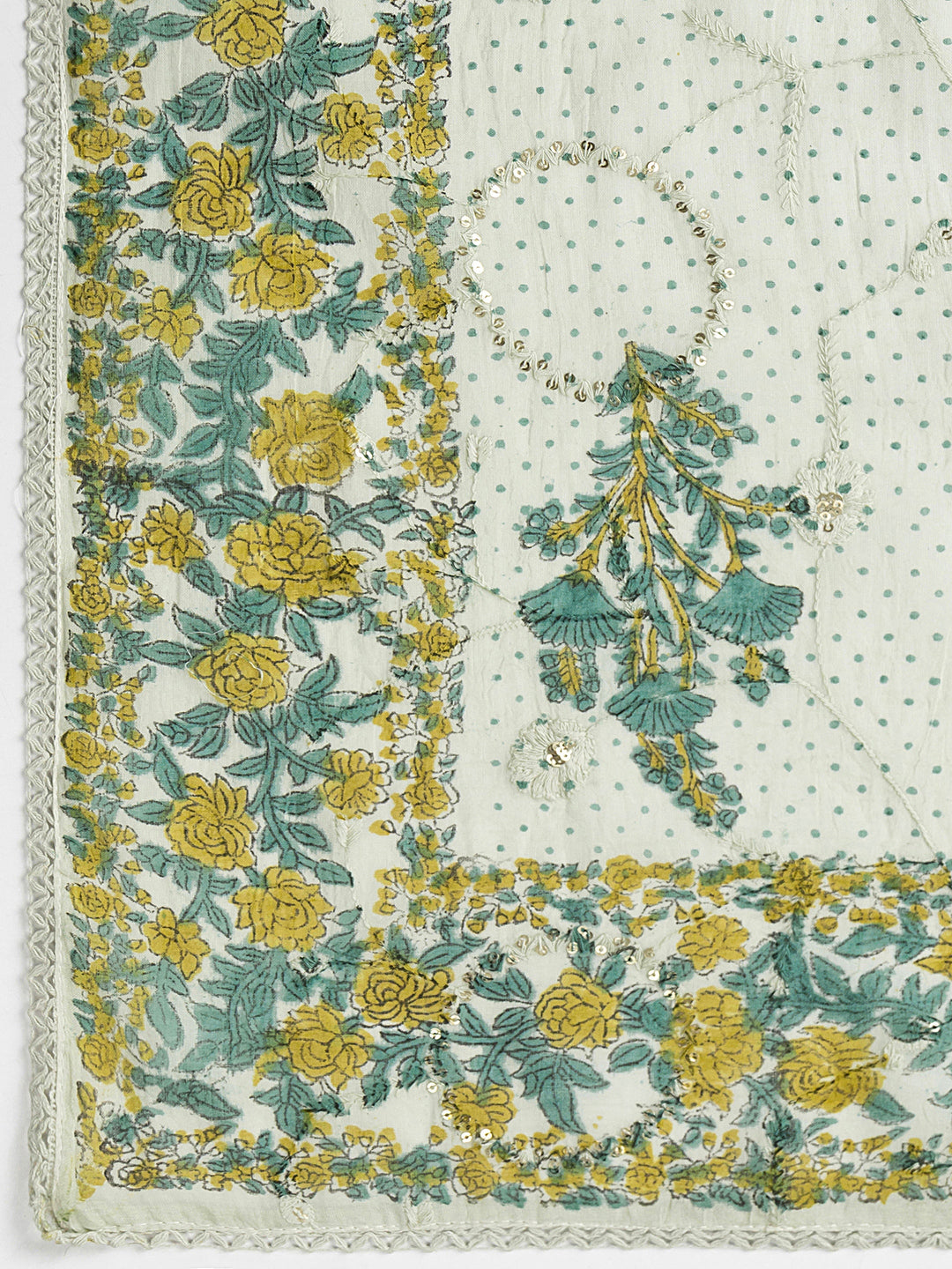 Green Floral Printed Cotton Dress Material With Dupatta