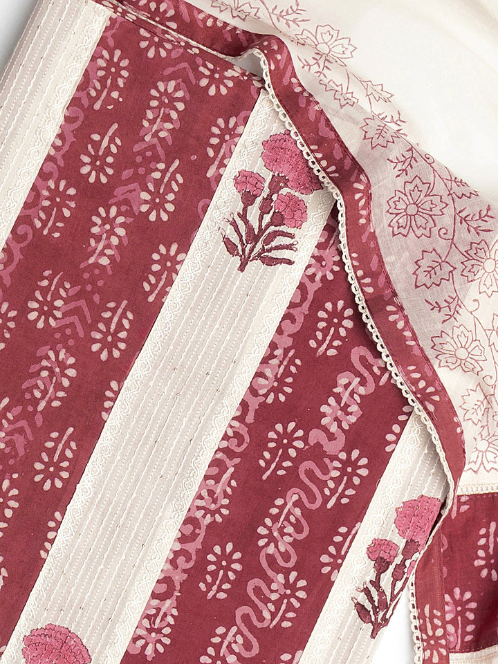 Brown Floral Printed Cotton Dress Material With Dupatta