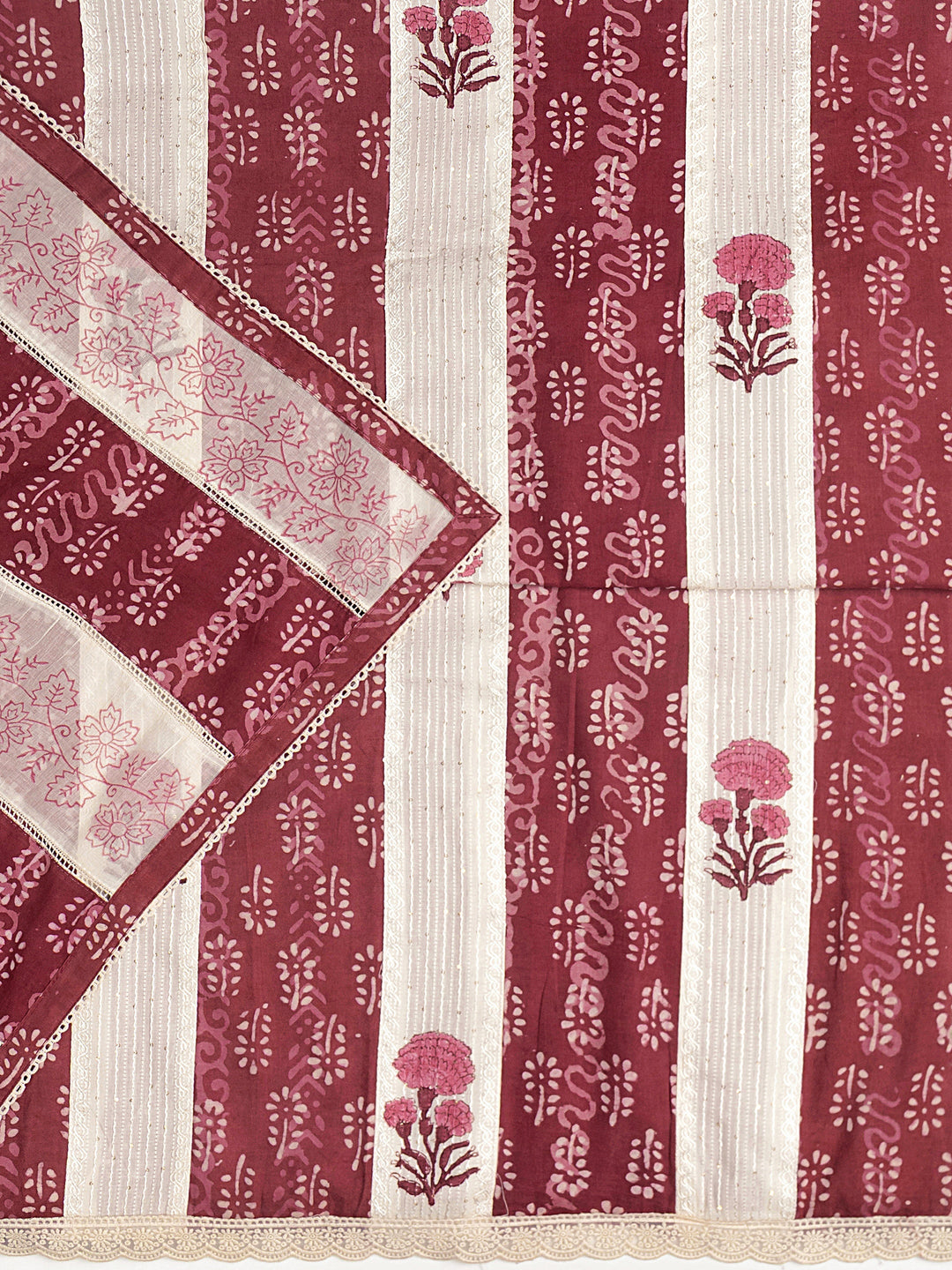 Brown Floral Printed Cotton Dress Material With Dupatta