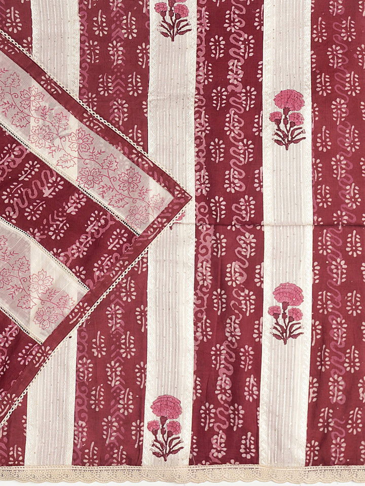 Brown Floral Printed Cotton Dress Material With Dupatta