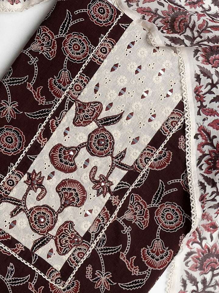 Burgundy Floral Printed Cotton Dress Material With Dupatta