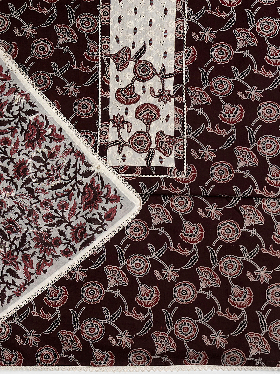 Burgundy Floral Printed Cotton Dress Material With Dupatta